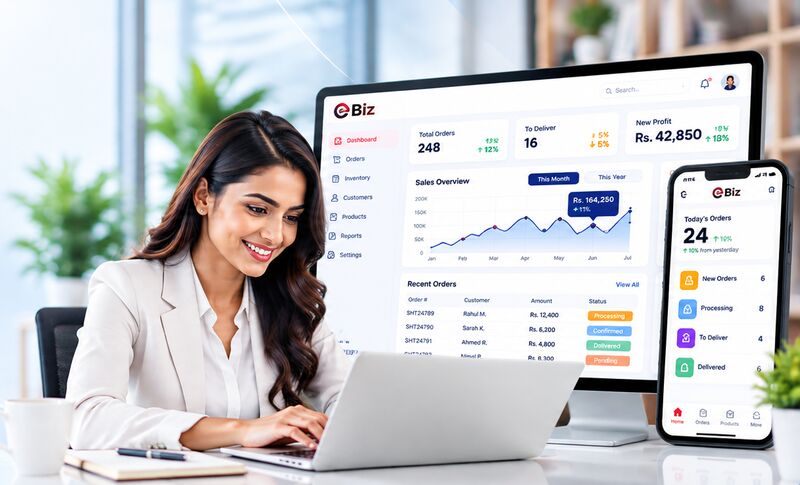 Business owner managing orders on EzBiz